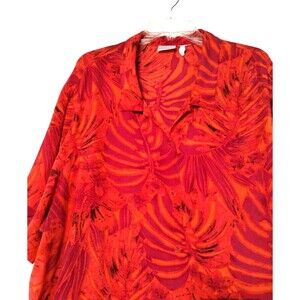 Vintage Koret Orange Monstera Leaf Short Sleeve Popover Faux Button Front Top